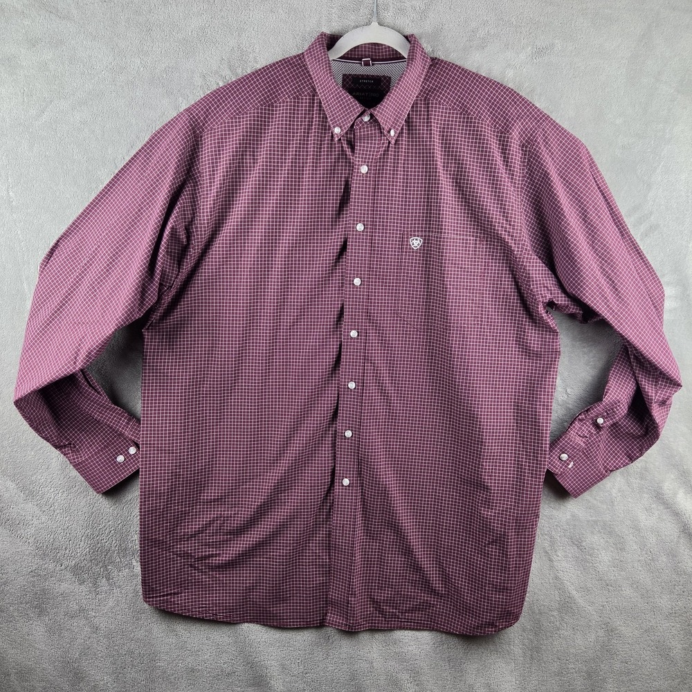 Ariat Pro Series Stretch Mens 2XL Tall Burgundy Check Performance Western Shirt